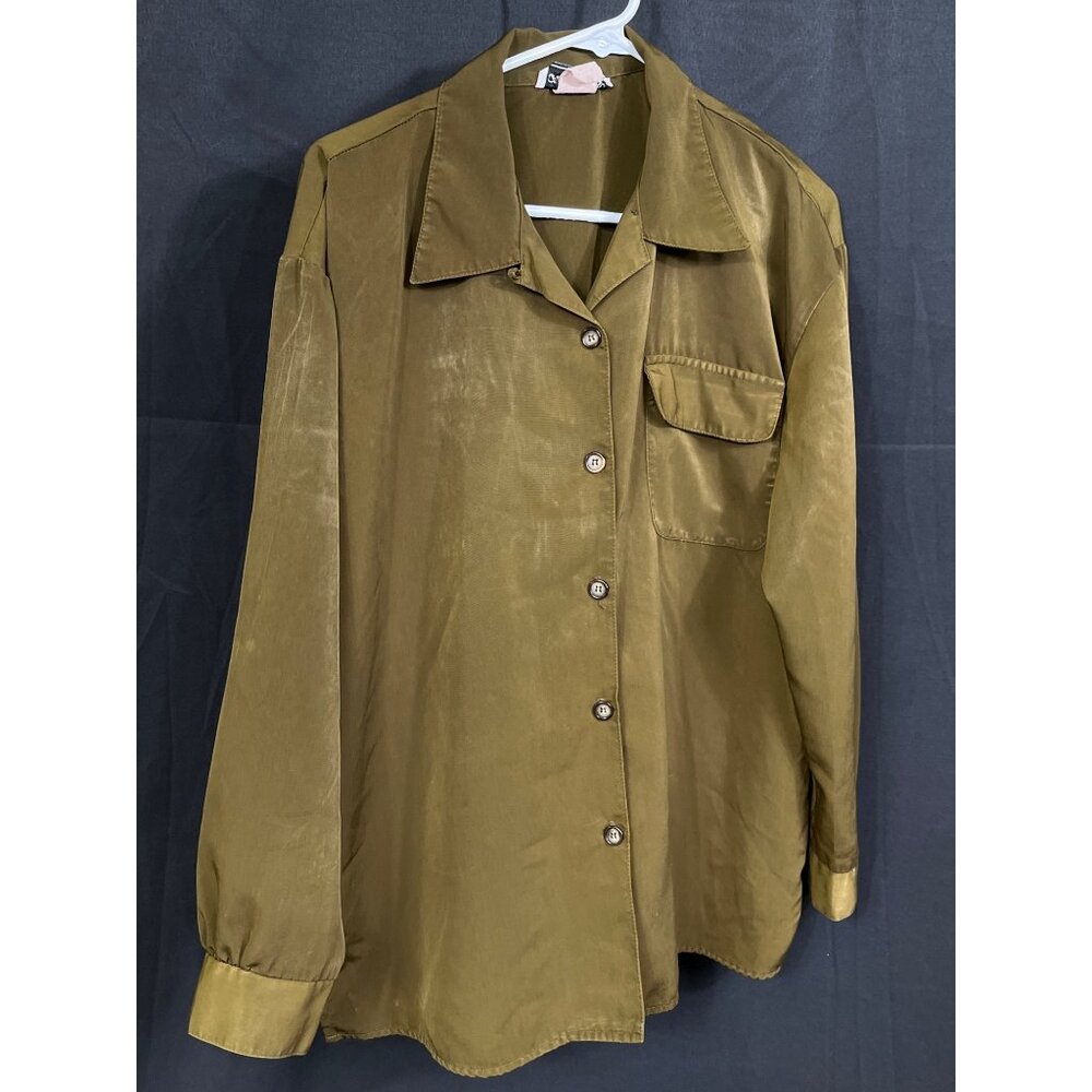 California Krush SKU 7783 Womens Vintage Olive Green Button Up Silk Blouse Size
